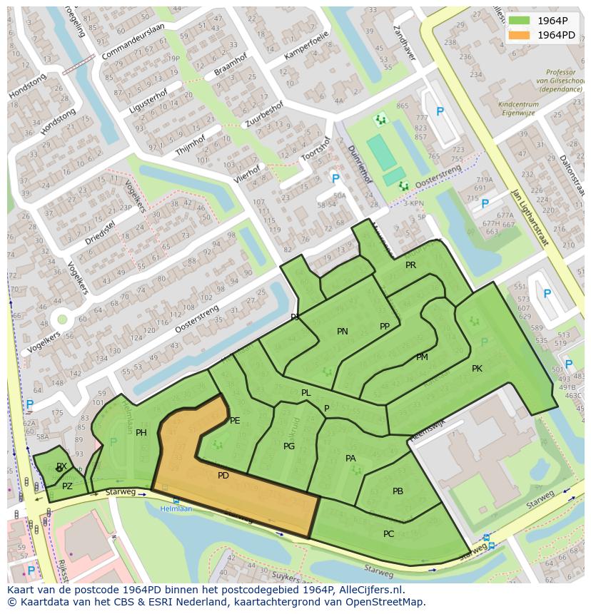 Afbeelding van het postcodegebied 1964 PD op de kaart.
