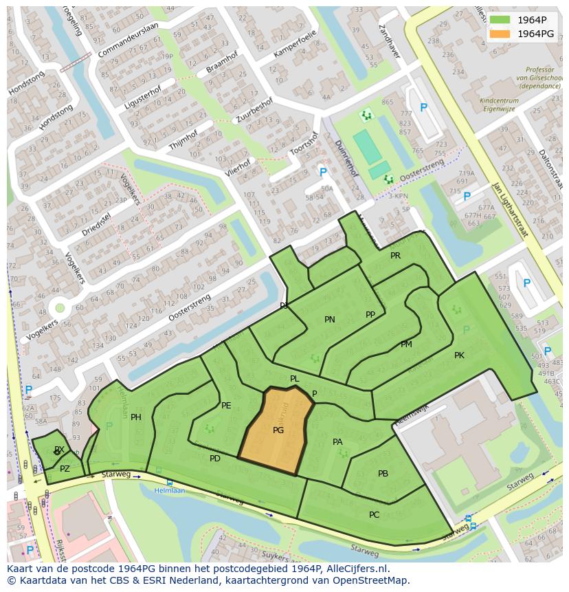 Afbeelding van het postcodegebied 1964 PG op de kaart.