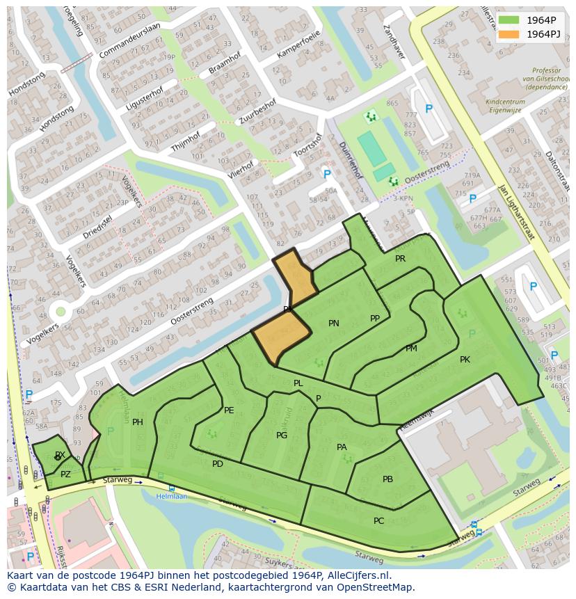 Afbeelding van het postcodegebied 1964 PJ op de kaart.