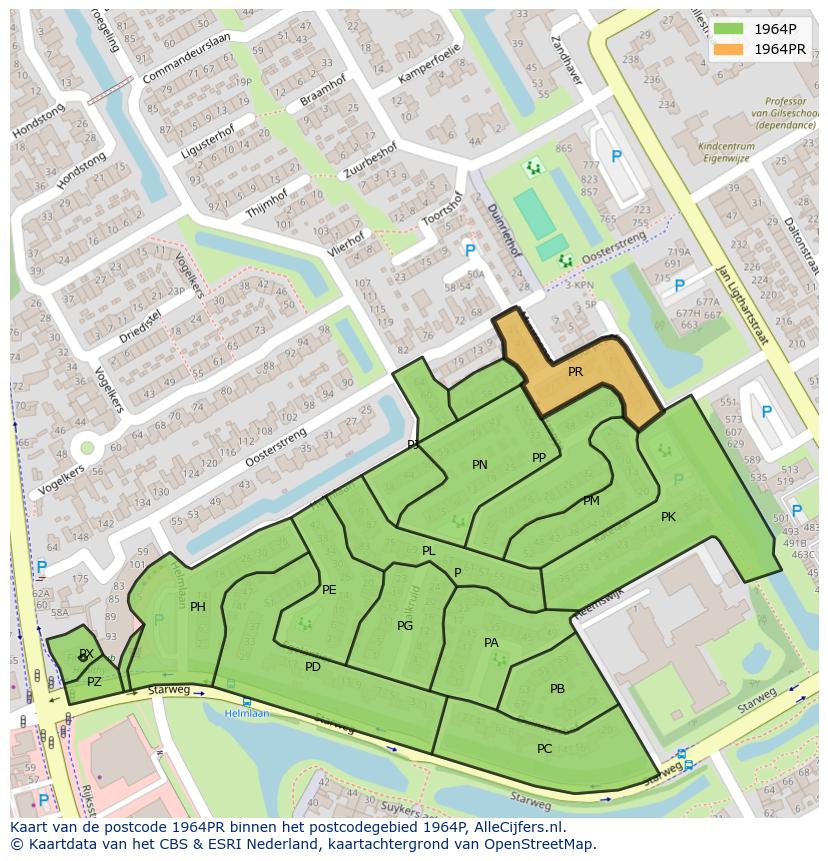 Afbeelding van het postcodegebied 1964 PR op de kaart.