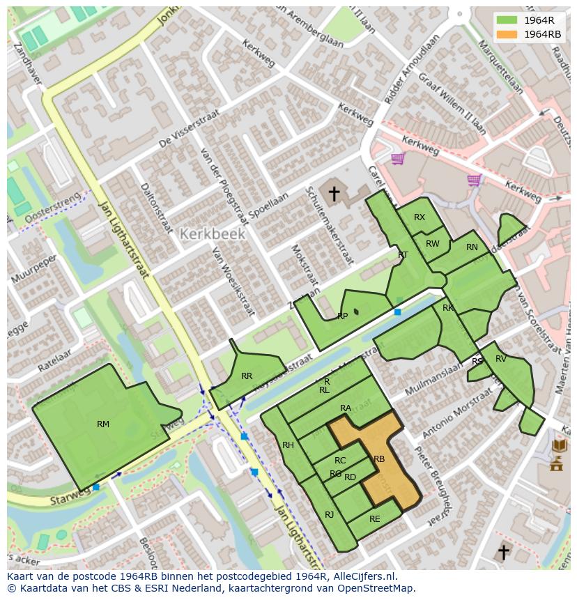 Afbeelding van het postcodegebied 1964 RB op de kaart.