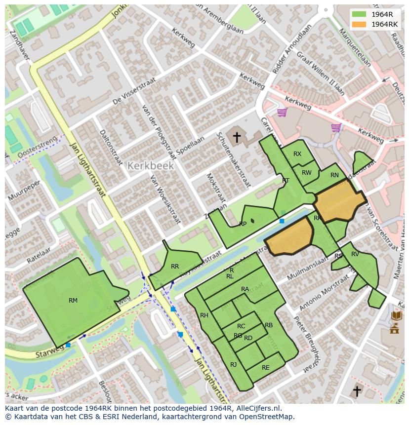 Afbeelding van het postcodegebied 1964 RK op de kaart.