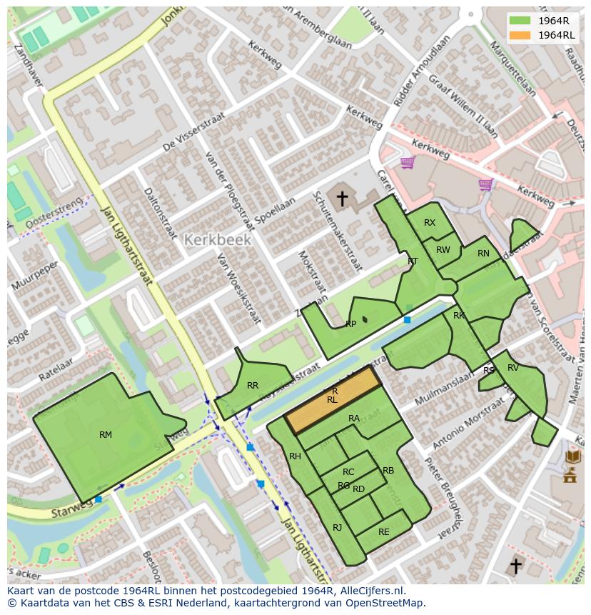 Afbeelding van het postcodegebied 1964 RL op de kaart.