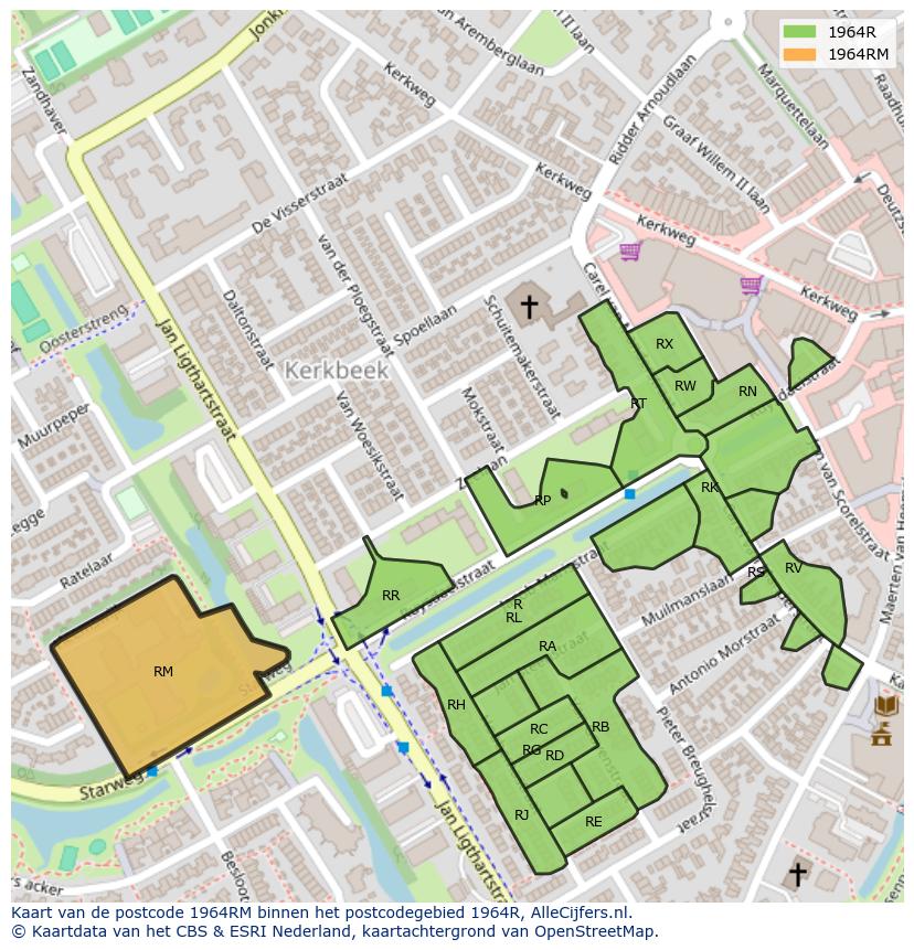 Afbeelding van het postcodegebied 1964 RM op de kaart.
