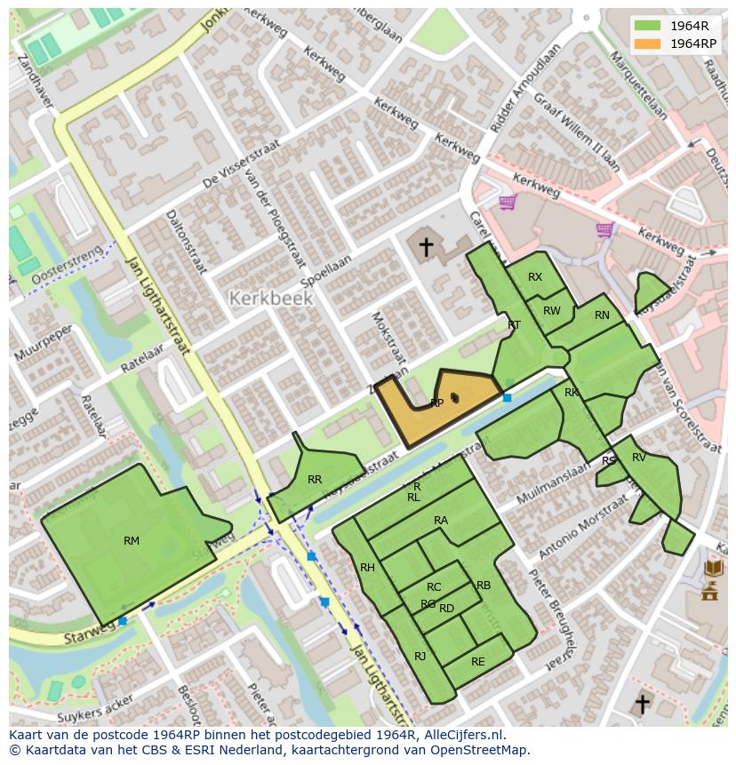 Afbeelding van het postcodegebied 1964 RP op de kaart.