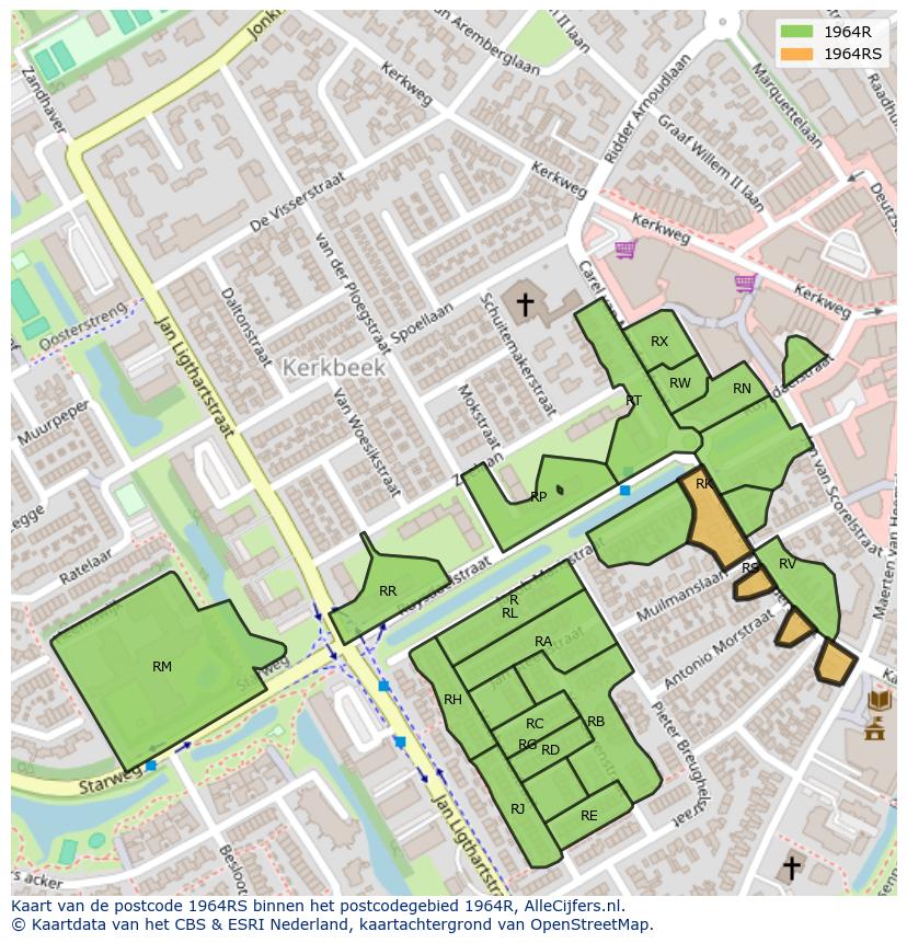 Afbeelding van het postcodegebied 1964 RS op de kaart.