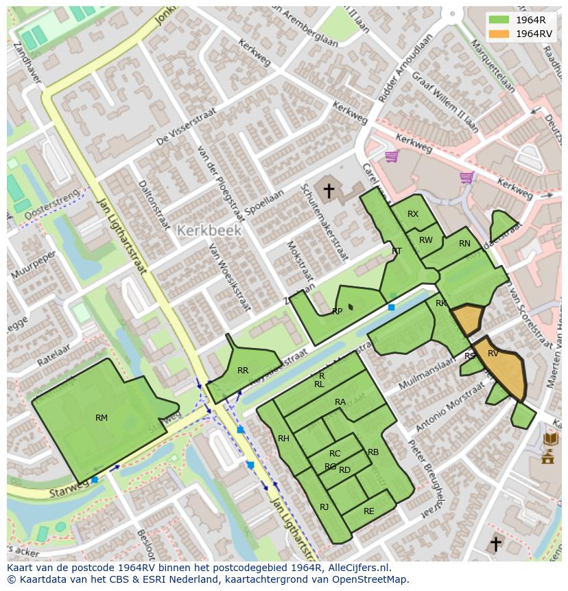 Afbeelding van het postcodegebied 1964 RV op de kaart.