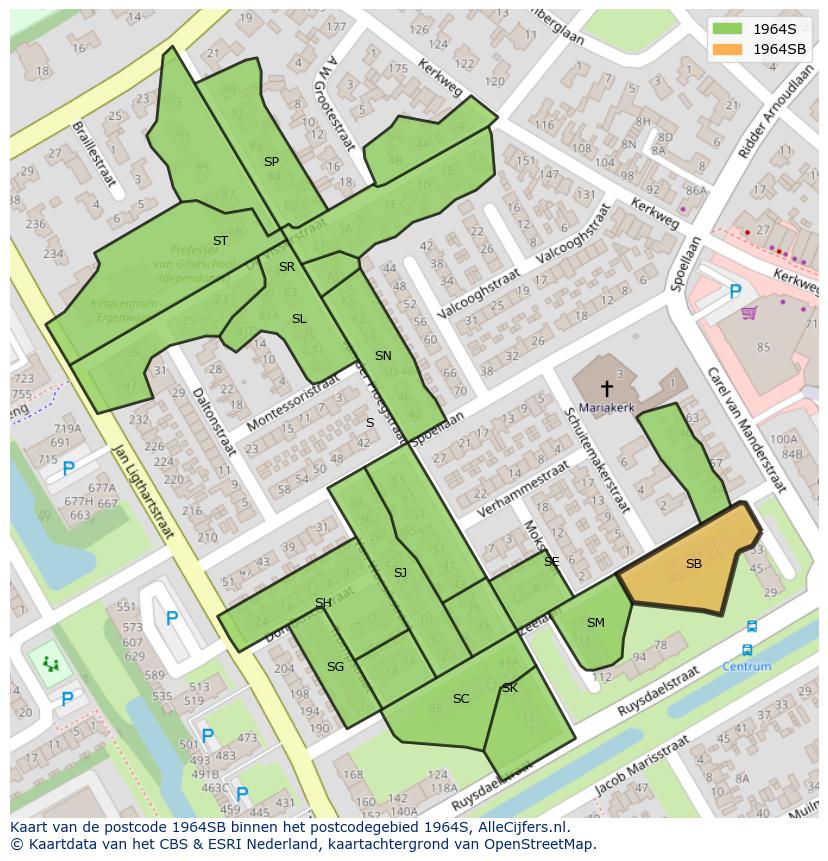 Afbeelding van het postcodegebied 1964 SB op de kaart.