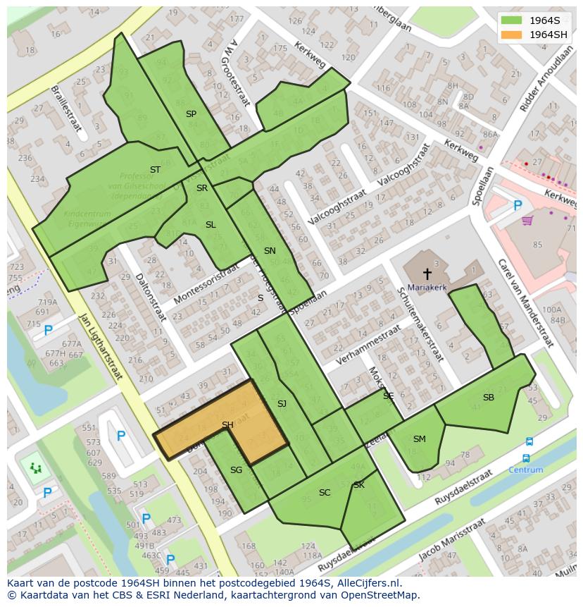 Afbeelding van het postcodegebied 1964 SH op de kaart.