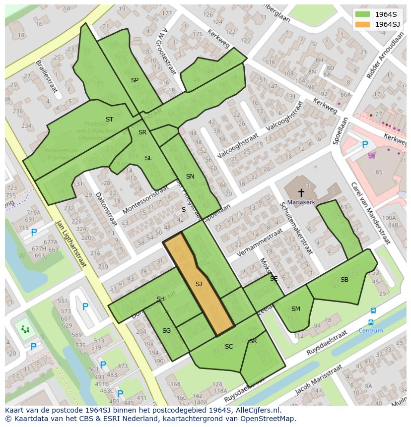 Afbeelding van het postcodegebied 1964 SJ op de kaart.