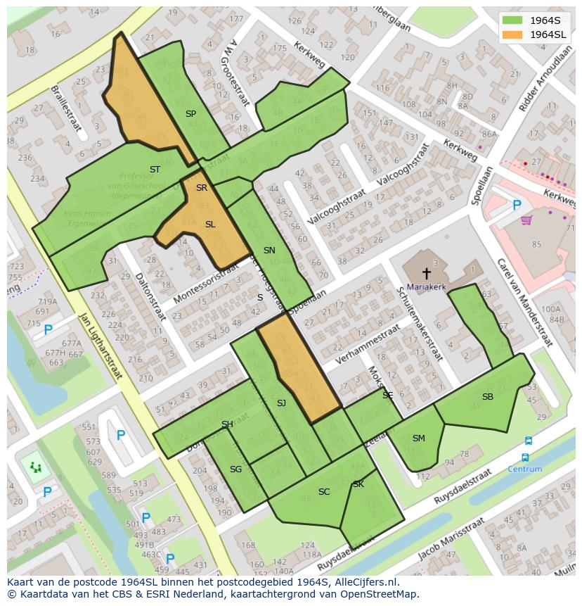Afbeelding van het postcodegebied 1964 SL op de kaart.