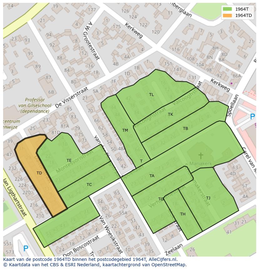 Afbeelding van het postcodegebied 1964 TD op de kaart.