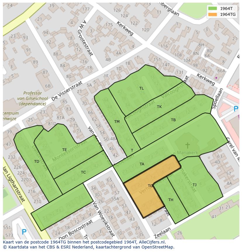 Afbeelding van het postcodegebied 1964 TG op de kaart.