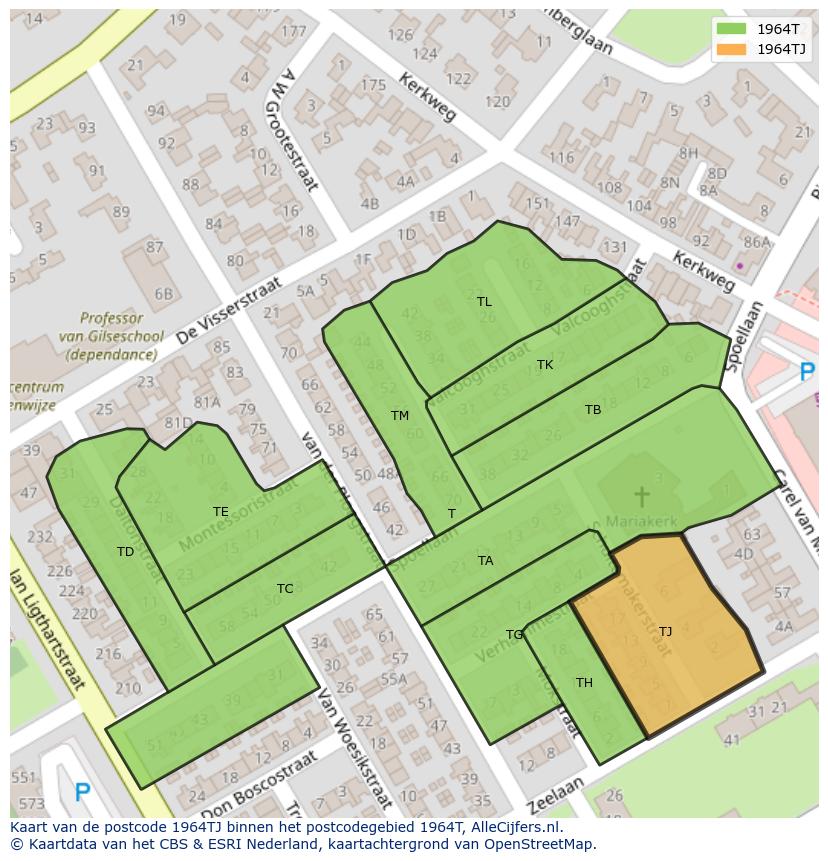 Afbeelding van het postcodegebied 1964 TJ op de kaart.