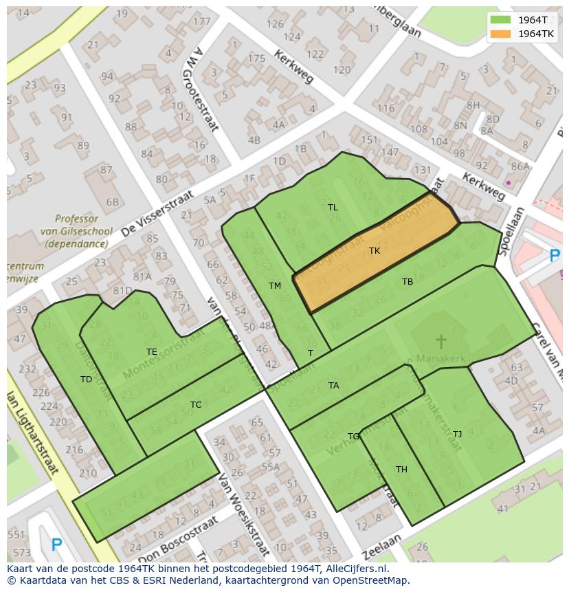Afbeelding van het postcodegebied 1964 TK op de kaart.