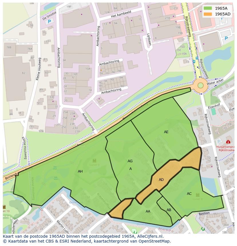 Afbeelding van het postcodegebied 1965 AD op de kaart.