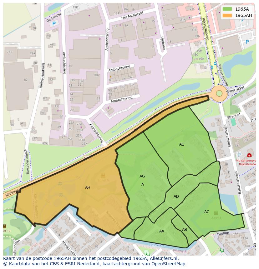 Afbeelding van het postcodegebied 1965 AH op de kaart.