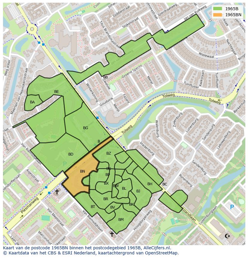 Afbeelding van het postcodegebied 1965 BN op de kaart.