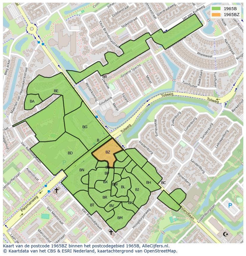 Afbeelding van het postcodegebied 1965 BZ op de kaart.