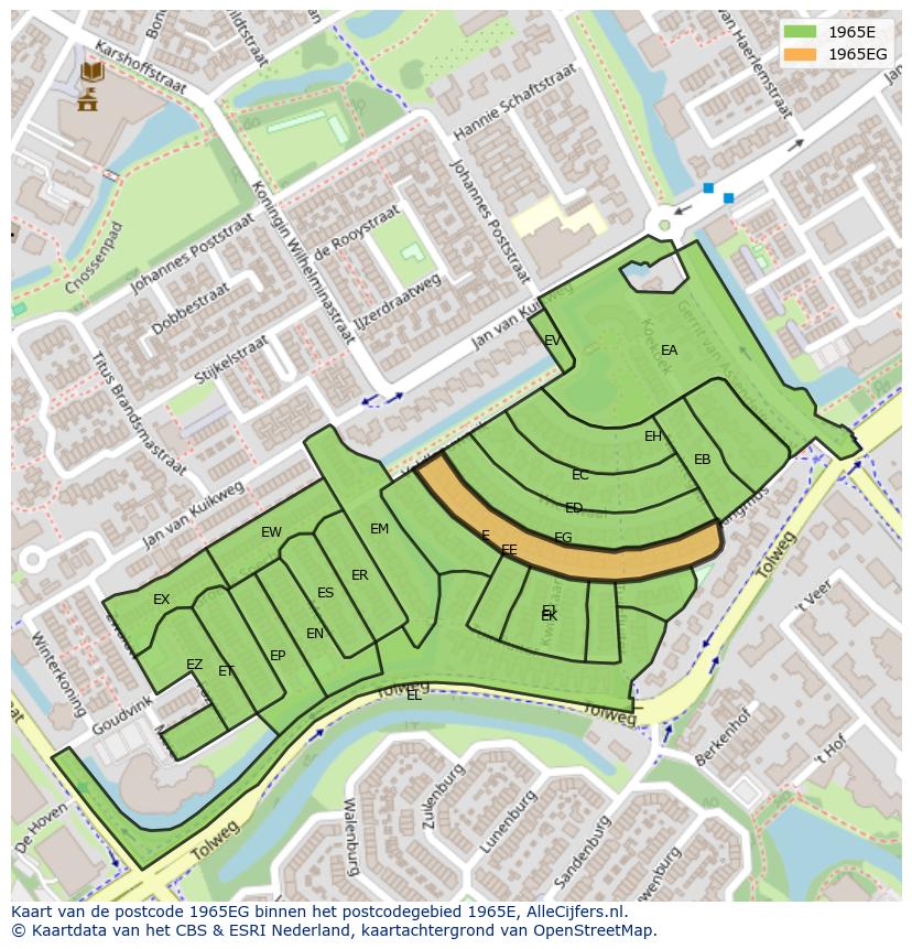 Afbeelding van het postcodegebied 1965 EG op de kaart.