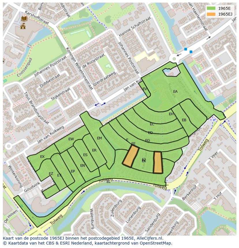 Afbeelding van het postcodegebied 1965 EJ op de kaart.