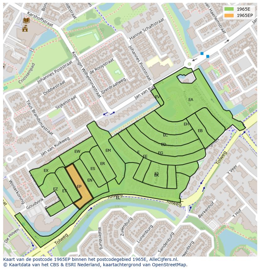 Afbeelding van het postcodegebied 1965 EP op de kaart.