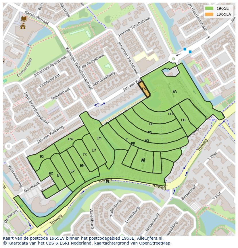 Afbeelding van het postcodegebied 1965 EV op de kaart.