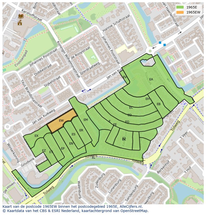 Afbeelding van het postcodegebied 1965 EW op de kaart.