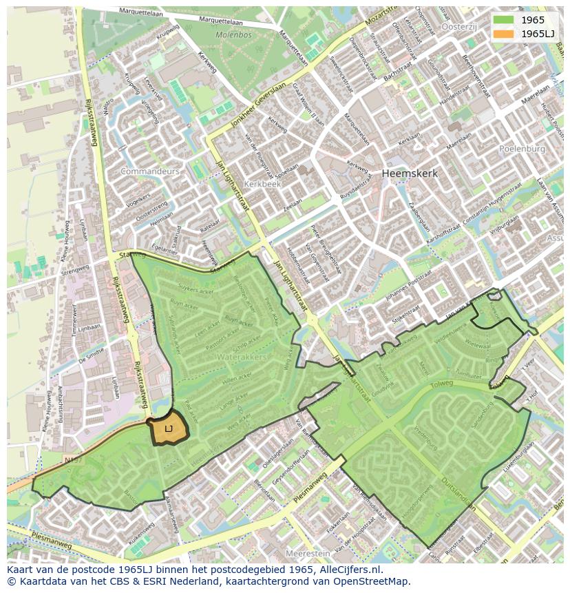Afbeelding van het postcodegebied 1965 LJ op de kaart.