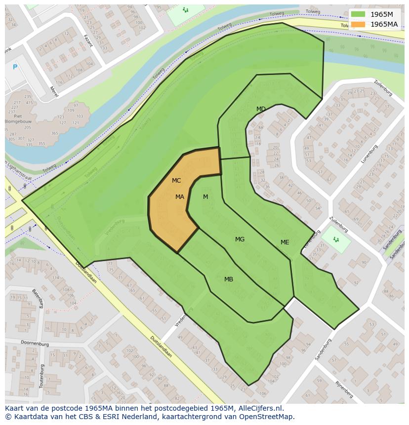 Afbeelding van het postcodegebied 1965 MA op de kaart.