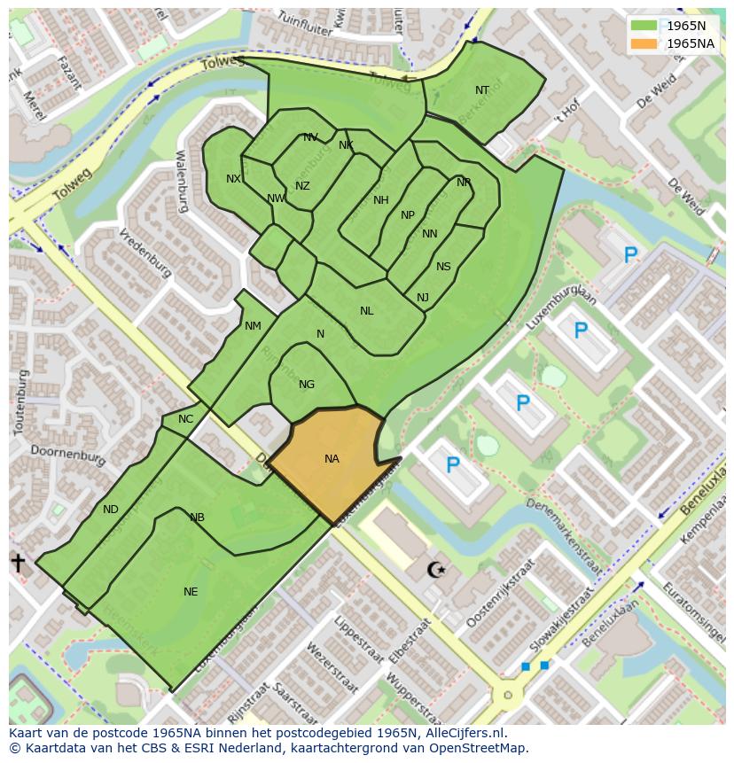 Afbeelding van het postcodegebied 1965 NA op de kaart.