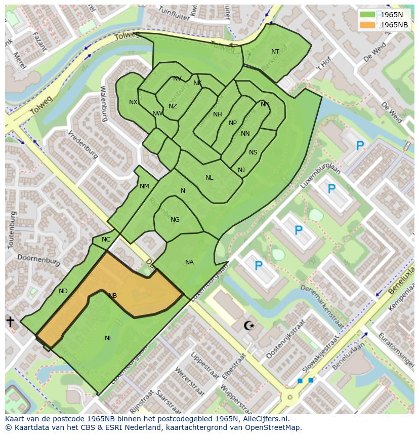 Afbeelding van het postcodegebied 1965 NB op de kaart.