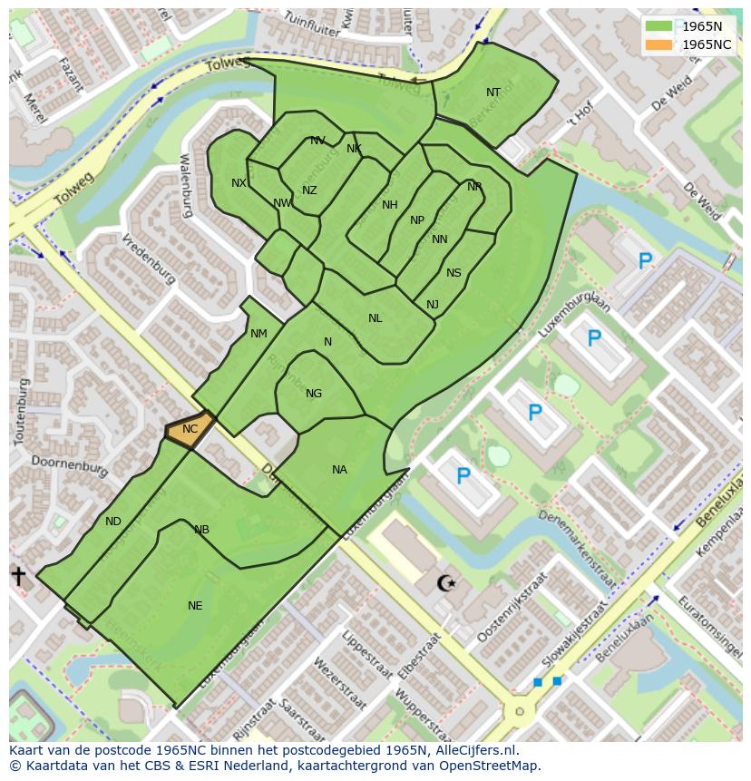 Afbeelding van het postcodegebied 1965 NC op de kaart.