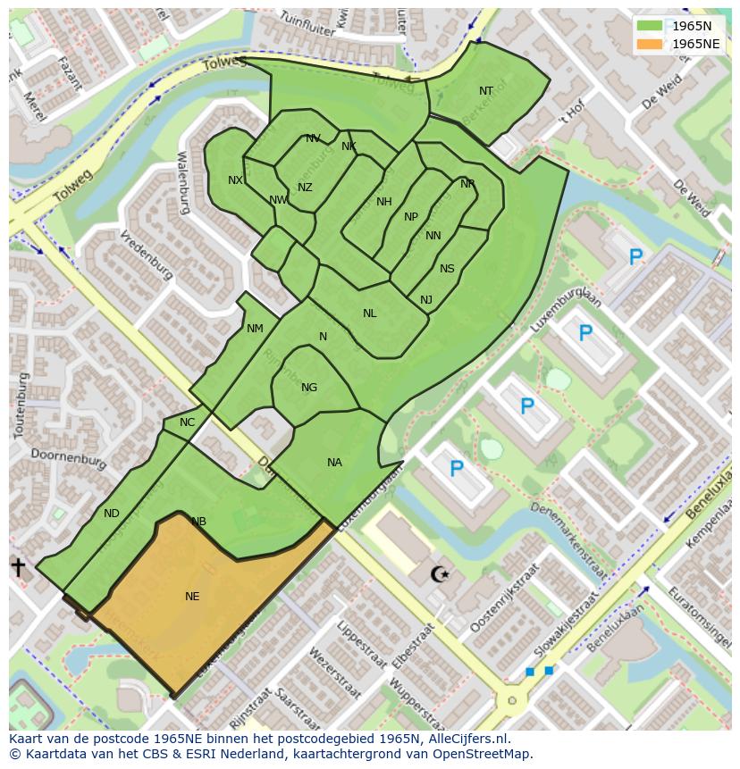 Afbeelding van het postcodegebied 1965 NE op de kaart.