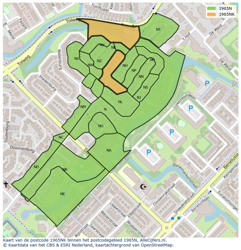 Afbeelding van het postcodegebied 1965 NK op de kaart.