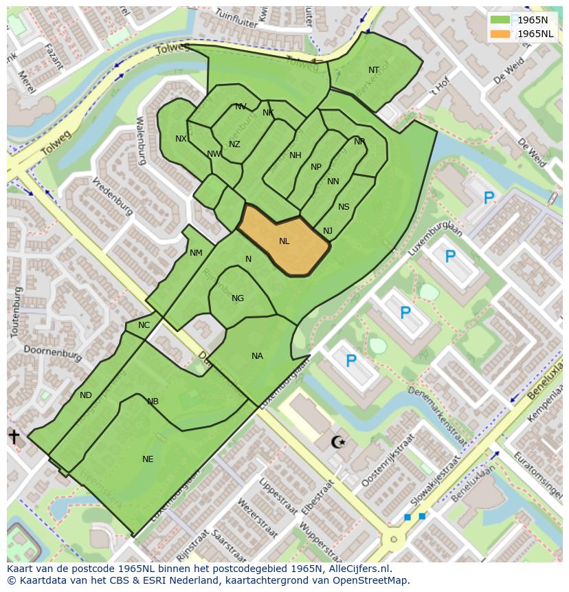 Afbeelding van het postcodegebied 1965 NL op de kaart.