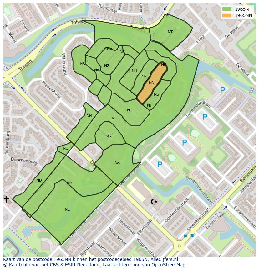 Afbeelding van het postcodegebied 1965 NN op de kaart.
