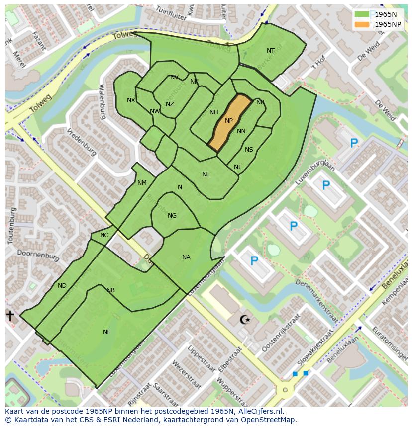 Afbeelding van het postcodegebied 1965 NP op de kaart.