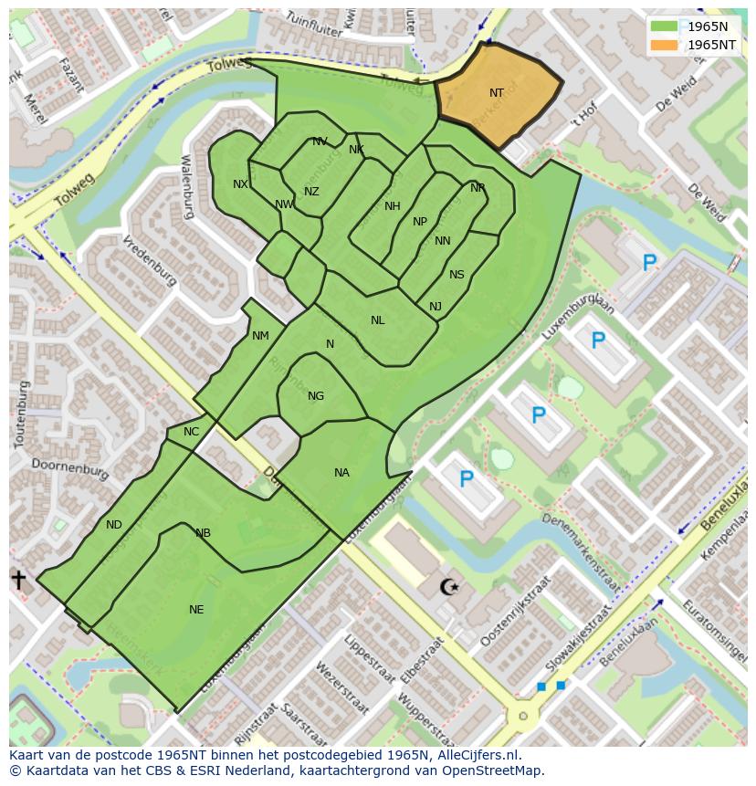 Afbeelding van het postcodegebied 1965 NT op de kaart.