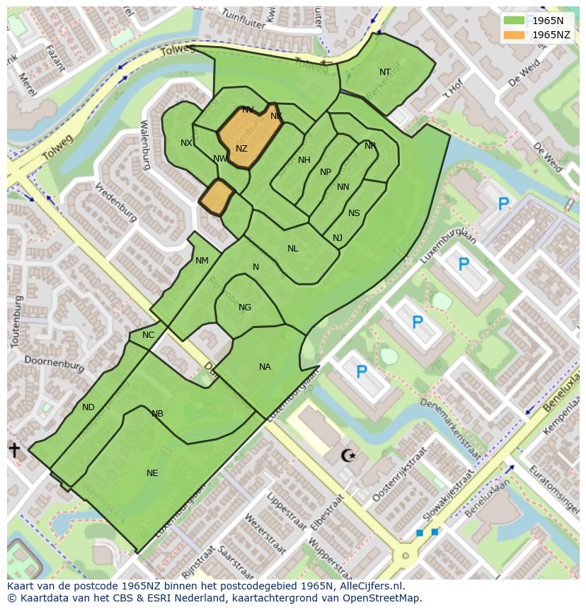 Afbeelding van het postcodegebied 1965 NZ op de kaart.