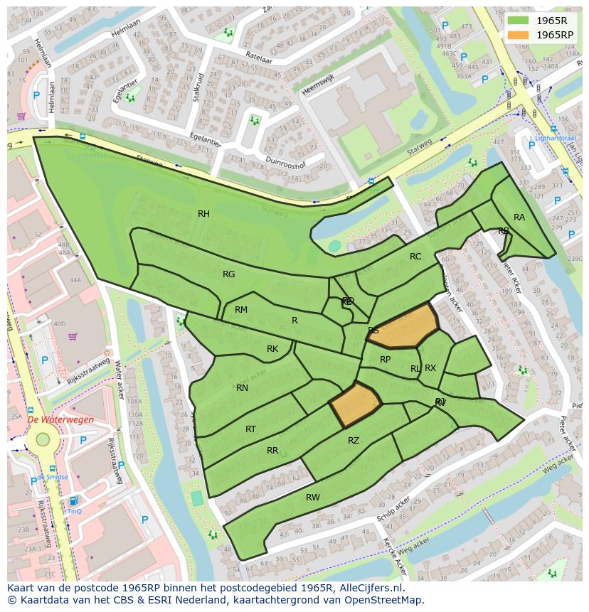 Afbeelding van het postcodegebied 1965 RP op de kaart.