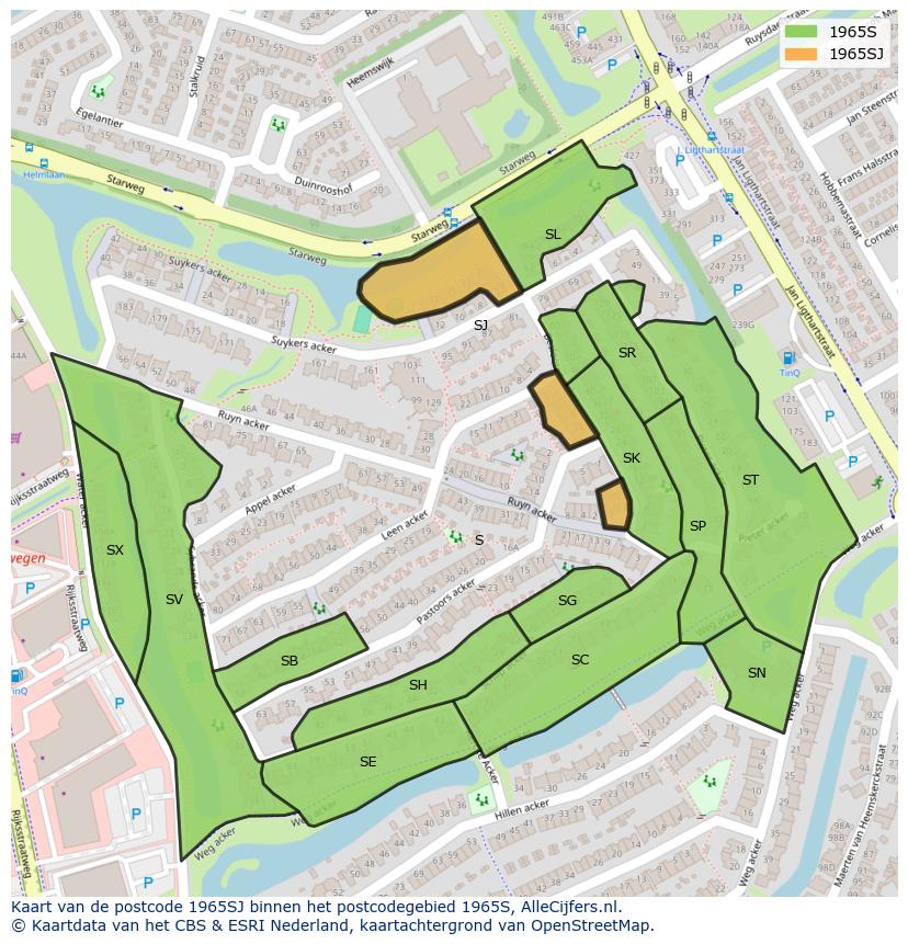 Afbeelding van het postcodegebied 1965 SJ op de kaart.