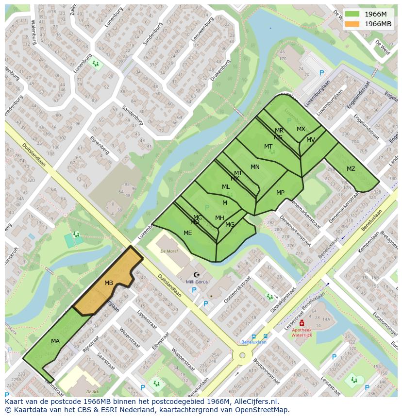Afbeelding van het postcodegebied 1966 MB op de kaart.