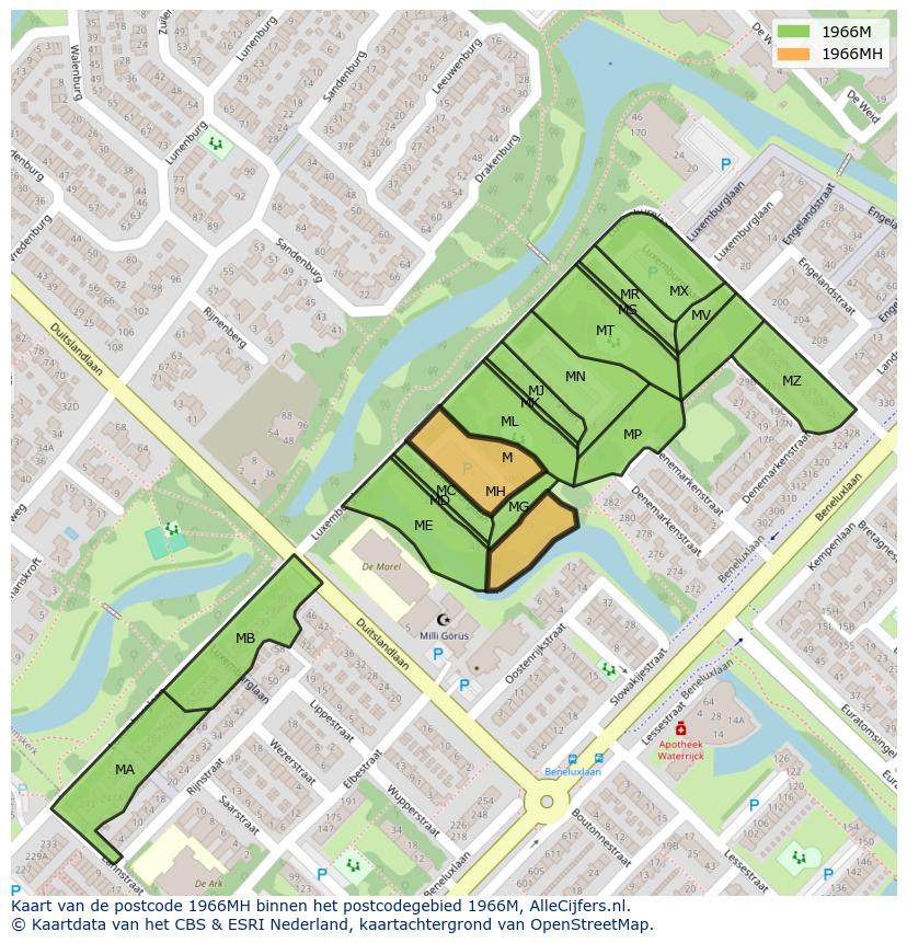 Afbeelding van het postcodegebied 1966 MH op de kaart.