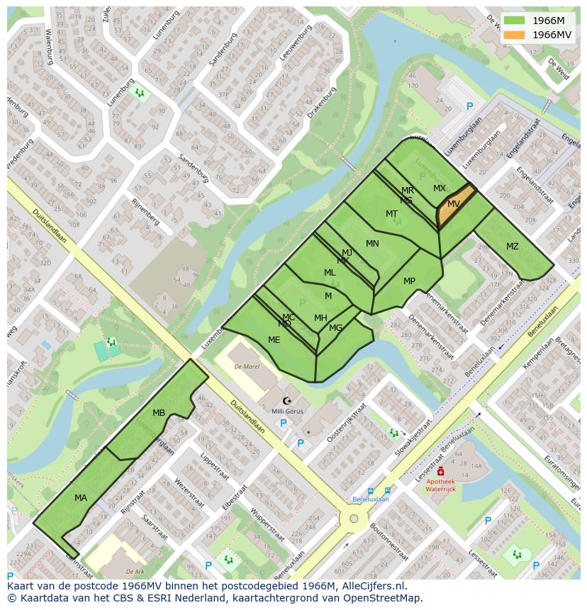 Afbeelding van het postcodegebied 1966 MV op de kaart.