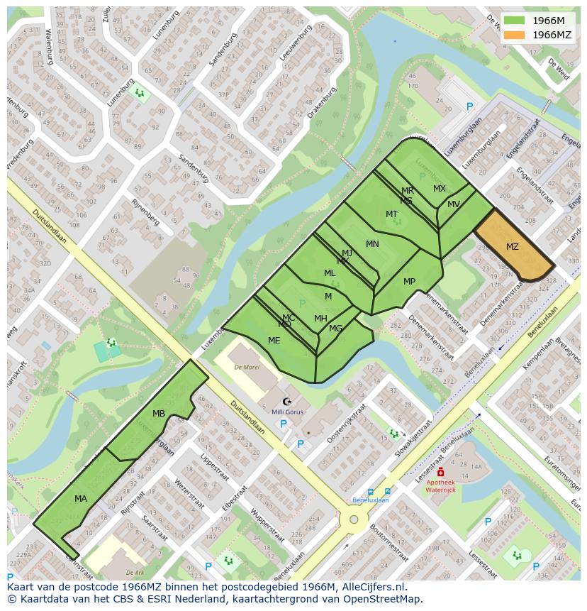 Afbeelding van het postcodegebied 1966 MZ op de kaart.