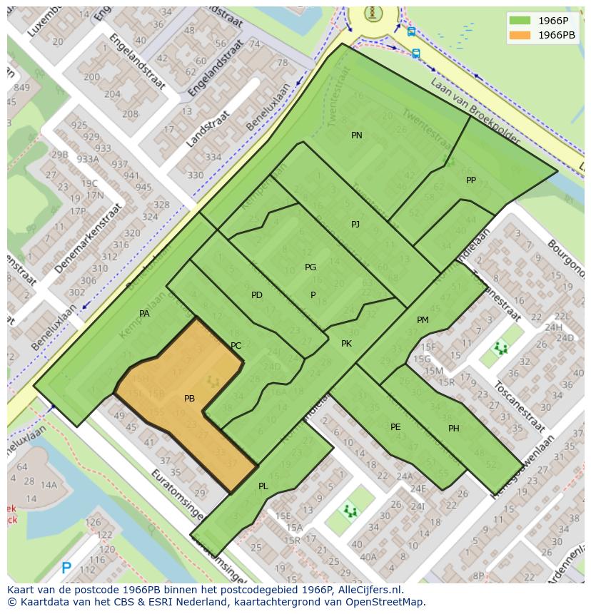Afbeelding van het postcodegebied 1966 PB op de kaart.