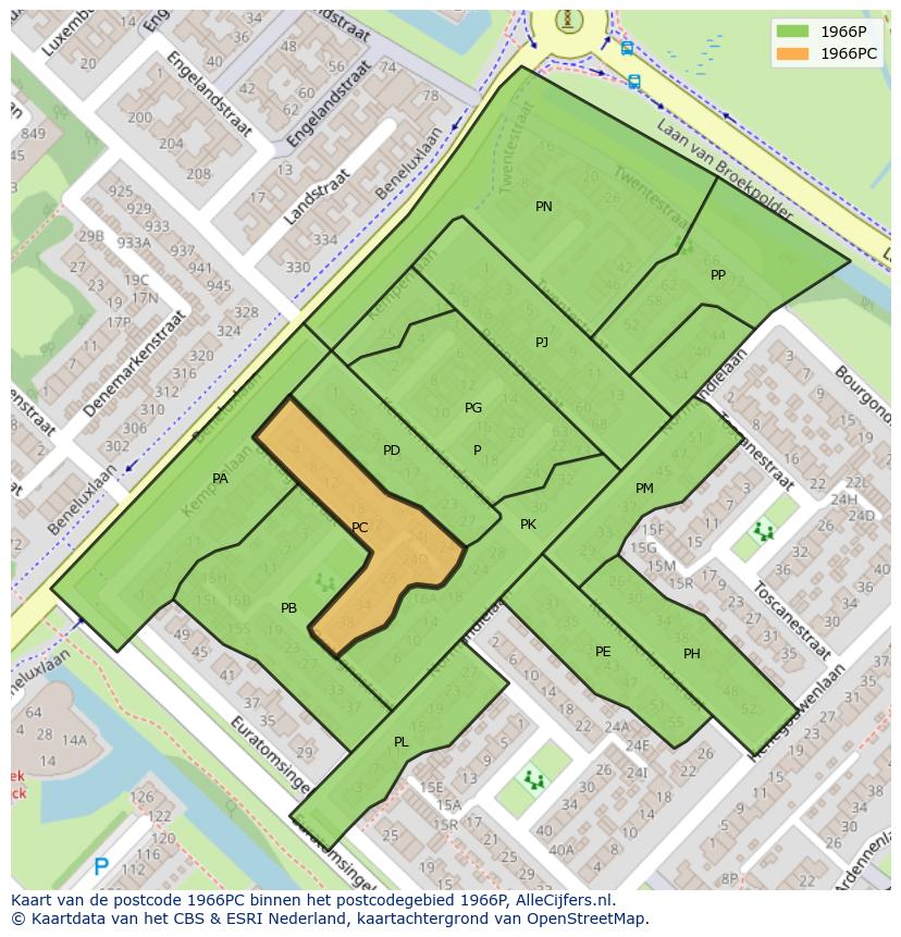 Afbeelding van het postcodegebied 1966 PC op de kaart.