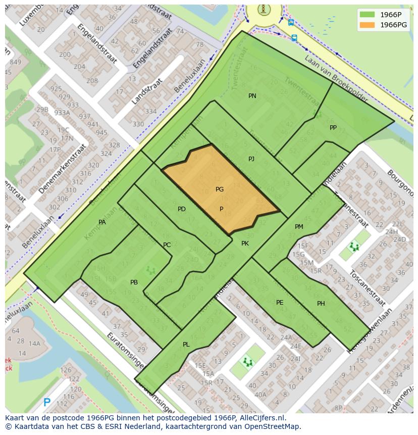 Afbeelding van het postcodegebied 1966 PG op de kaart.