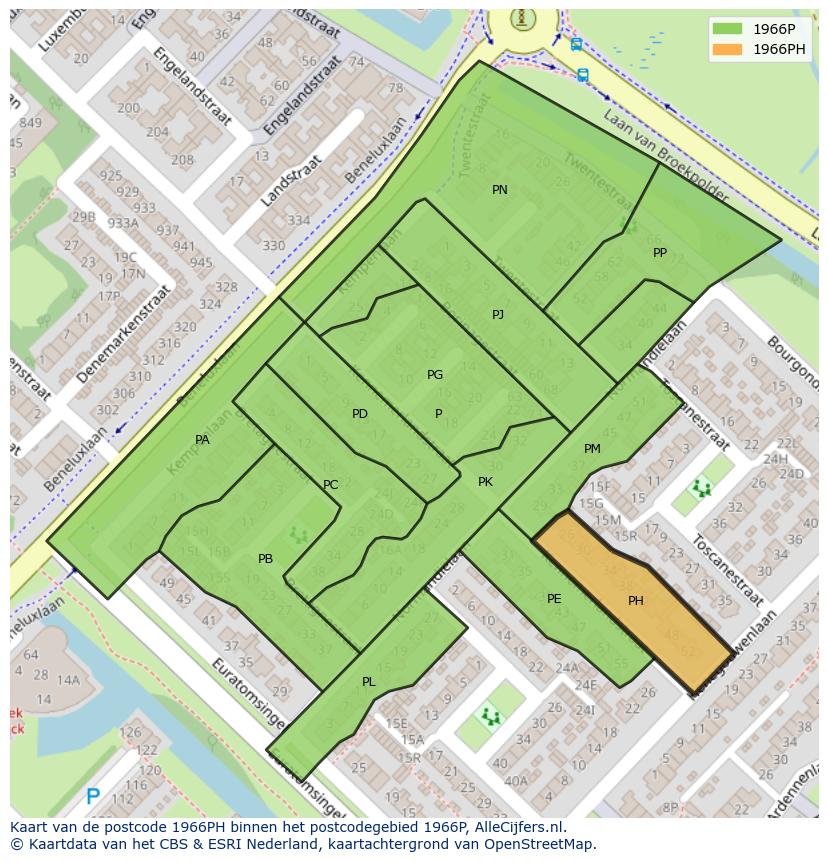 Afbeelding van het postcodegebied 1966 PH op de kaart.